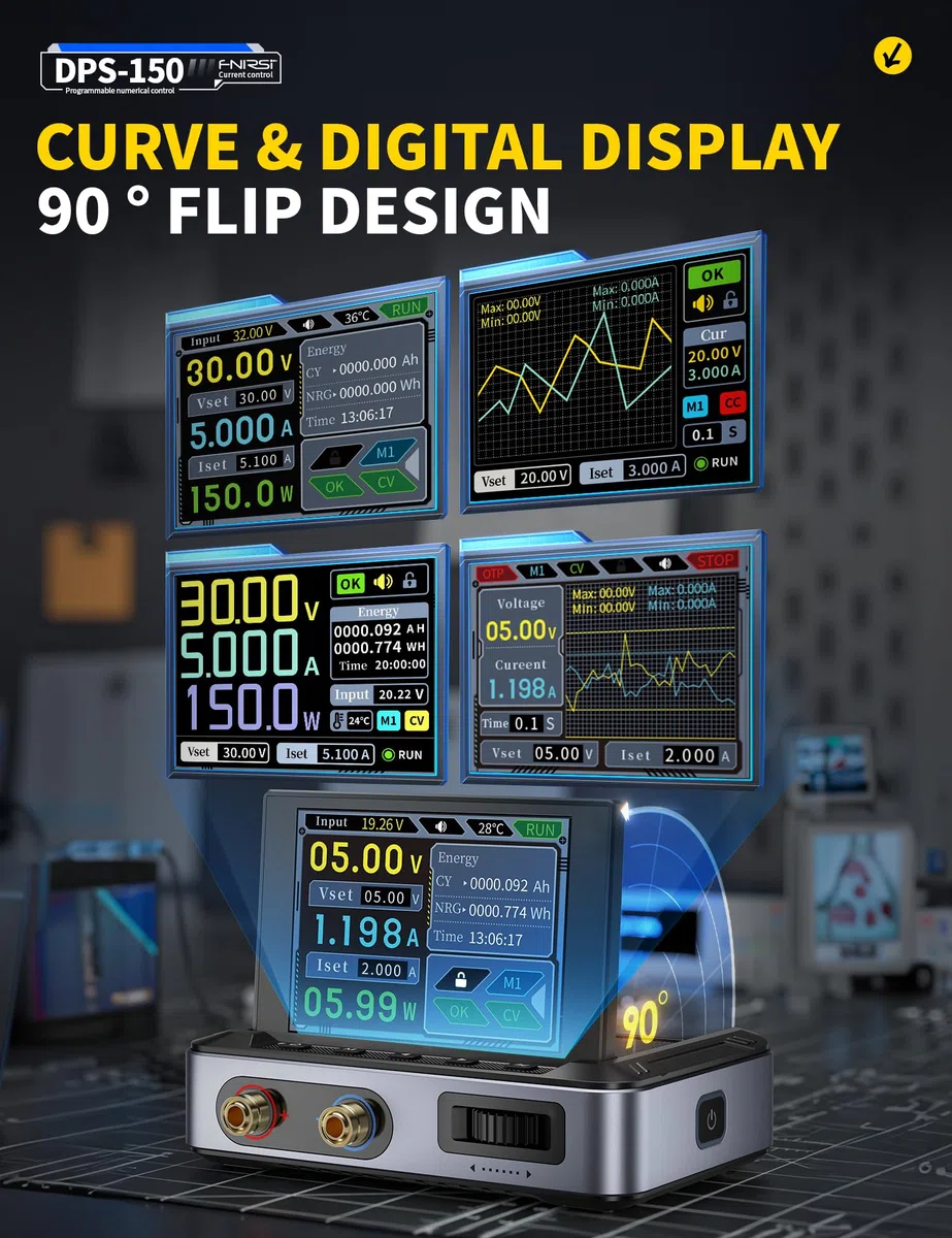 FNIRSI Alimentatore DC DPS-150 variabile, alimentatore CNC DC regolabile 30V 5A con display IPS a 4 cifre, ondulazione di alimentazione <20mV, ingresso PD/QC/DC, alimentatore switching programmabile
