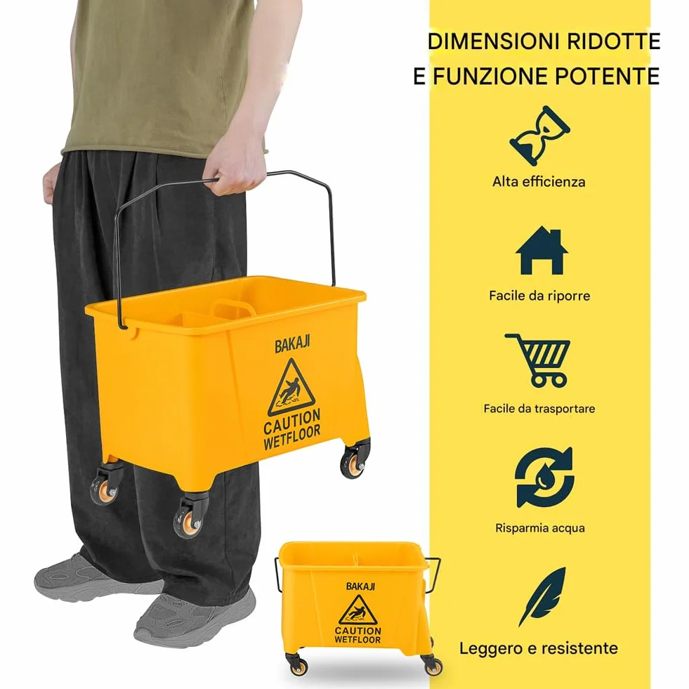 BAKAJI Carrello per Pulizie Professionale con Secchio Lavapavimenti 20 Litri