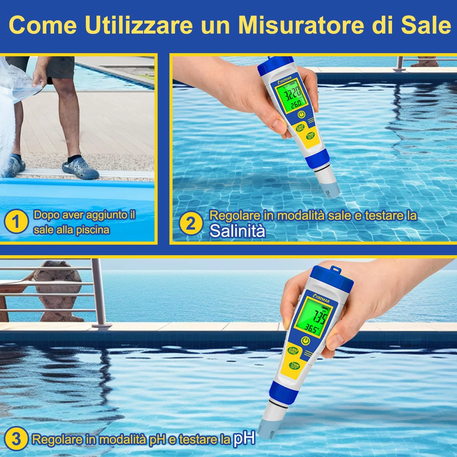 UIUZMAR Misuratore Salinità Acqua Piscina 5 in 1 pH Sale EC TDS Temp Digitale