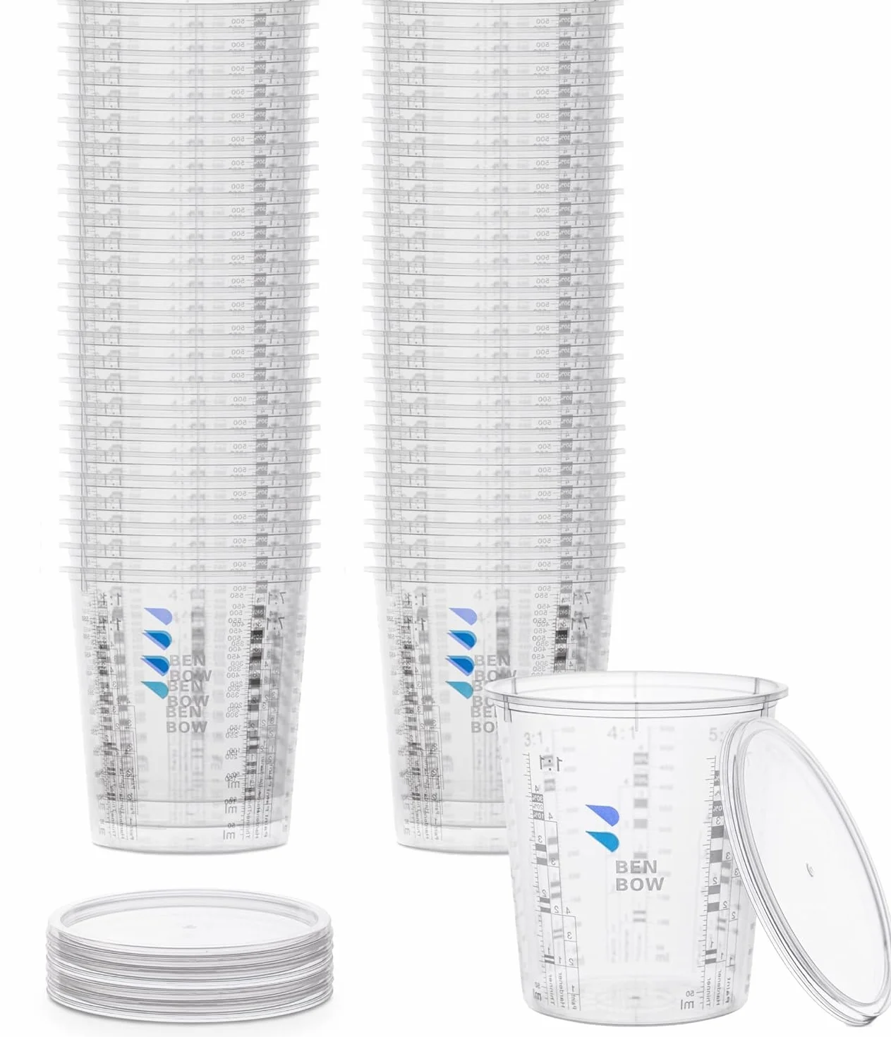 BenBow Professional Tazza di misurazione 50x 1370 ml con 6x copertura - monouso con scale precise, ideale per vernici, rivestimenti e resine epossidiche