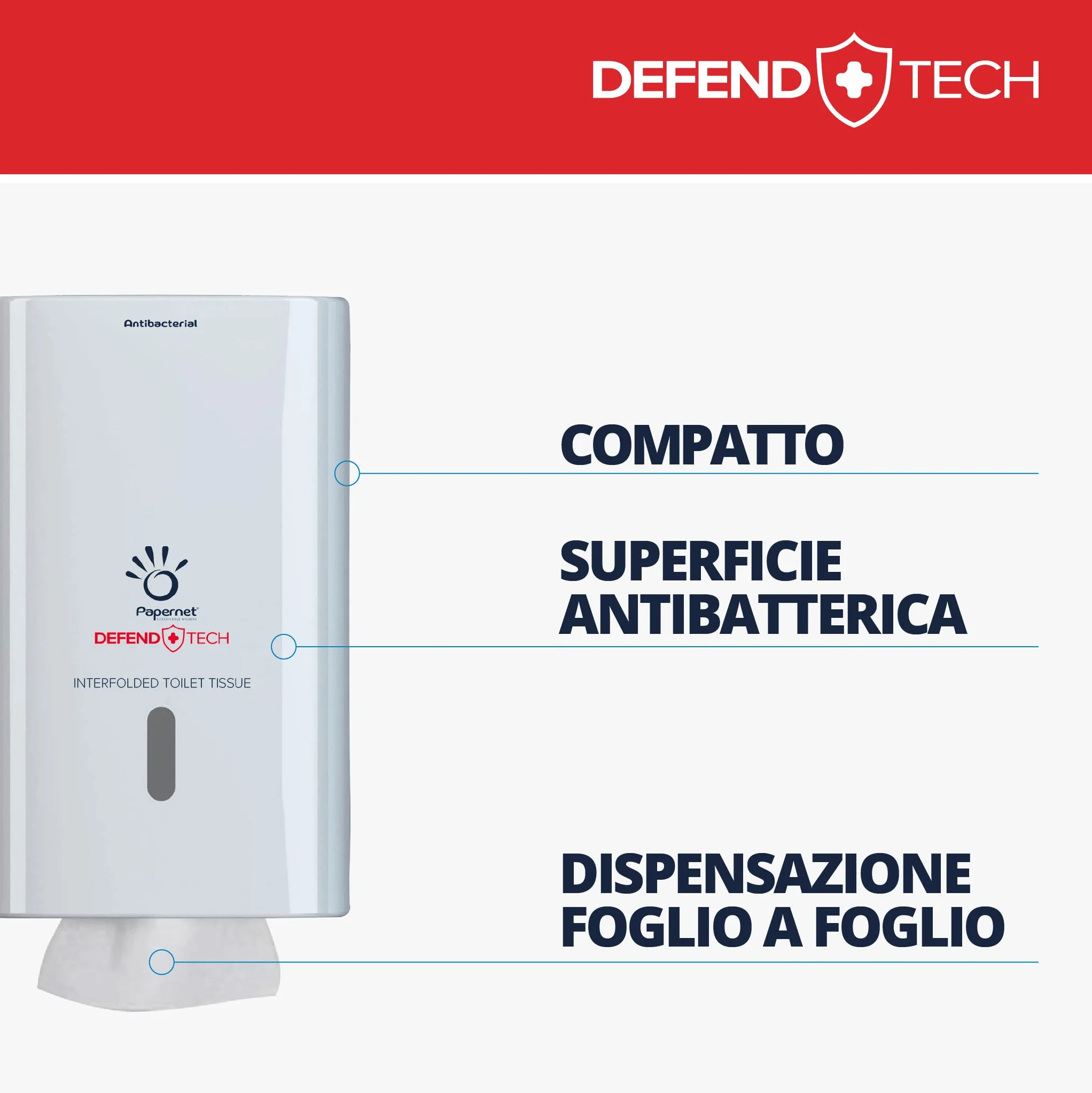 Papernet Defend Tech Dispenser Antibatterico Carta Igienica Interfogliata 416147 Plastica Riciclata Capacità 2,5 Clips 26,5x13,5x16,5cm Bianco