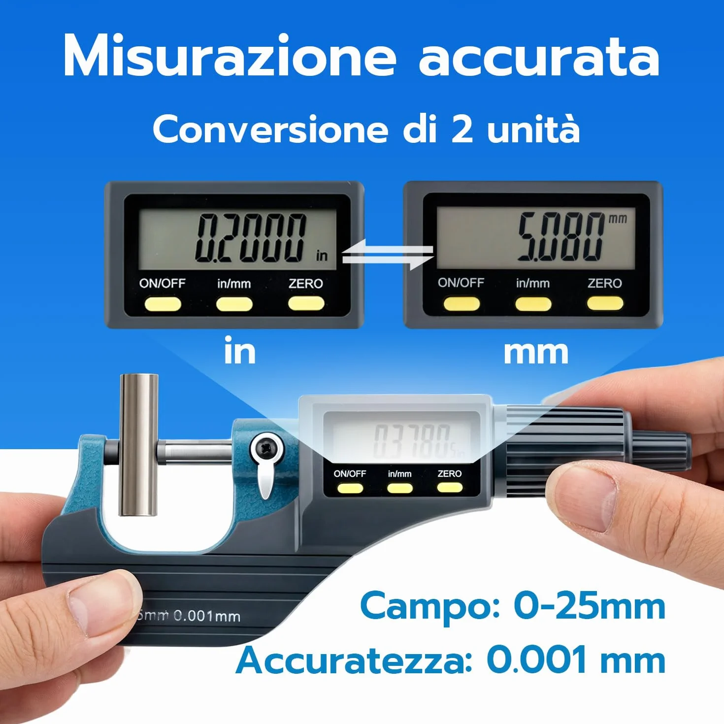 Mcbazel LCD Micrometro Digitale Elettronico Esterno 0-25 mm, Risoluzione 0.001mm