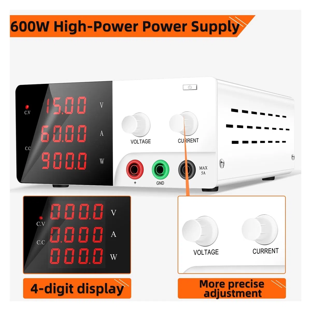 Alimentatore da Banco, 15V 60A 900W Alta Precisione Regolabile LED Commutazione Alimentatore CC Laboratorio 30V 30A 20A 100V 5A(Noir,15V 60A)