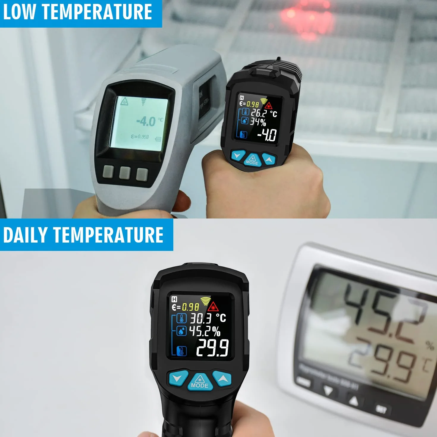 MESTEK Termometro Infrarossi Laser Pirometro Digitale -50°C ~ 800°C LCD a Colori Senza Contatto