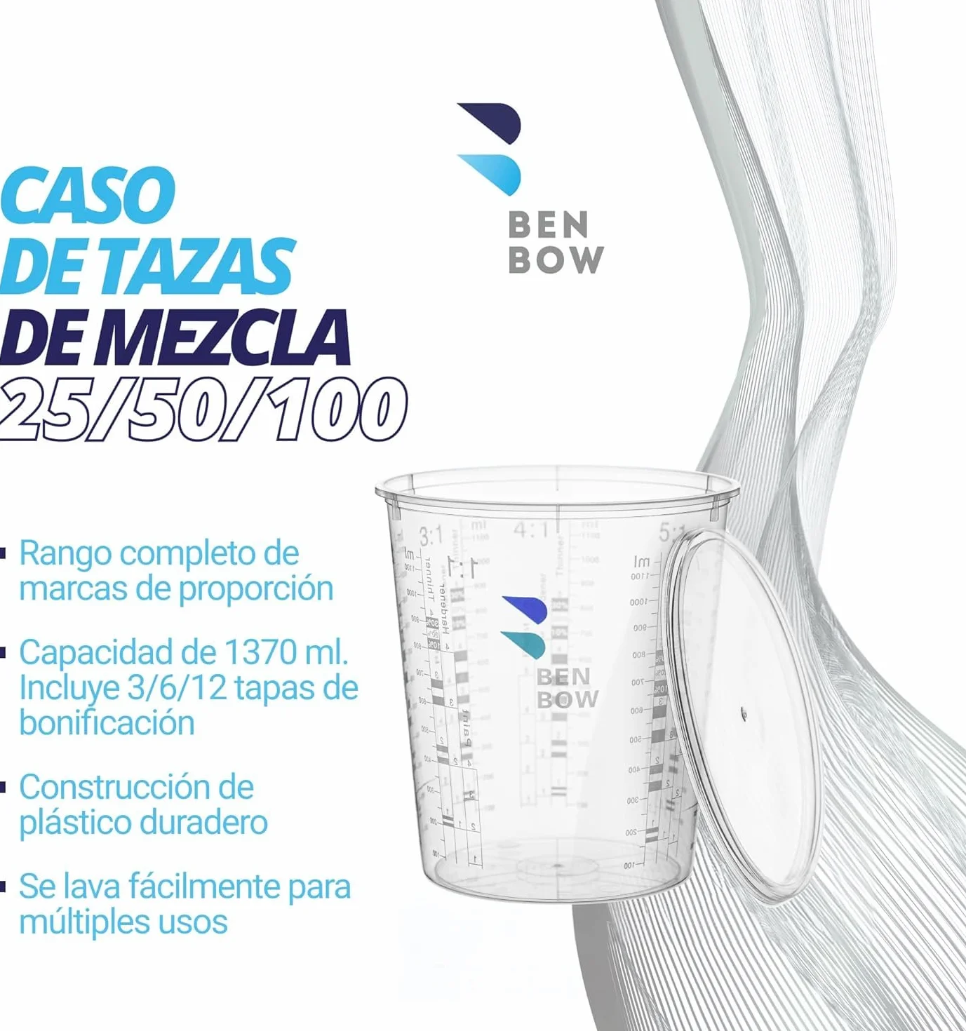 BenBow Professional Tazza di misurazione 50x 1370 ml con 6x copertura - monouso con scale precise, ideale per vernici, rivestimenti e resine epossidiche