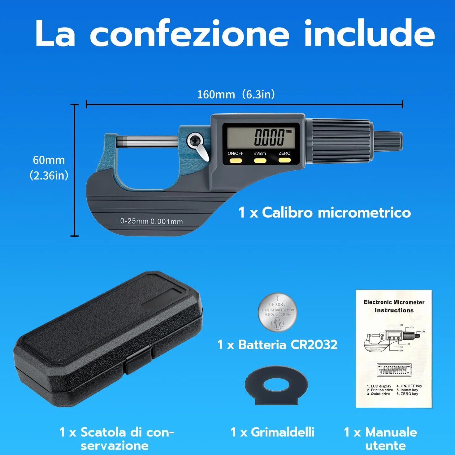 Mcbazel LCD Micrometro Digitale Elettronico Esterno 0-25 mm, Risoluzione 0.001mm