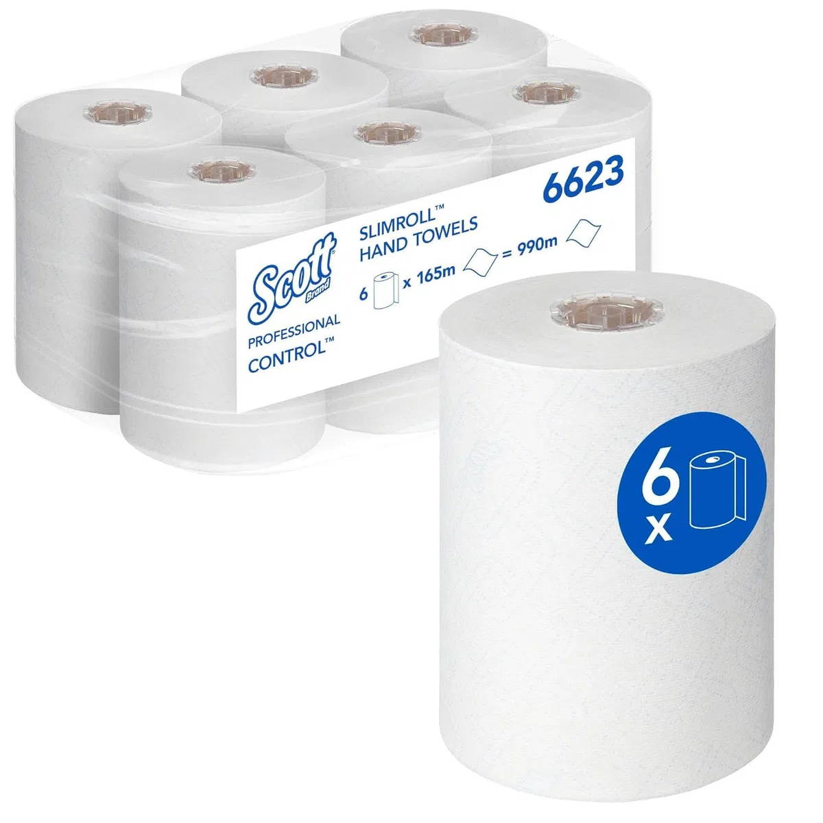 Scott Control Slimroll Asciugamani in Rotolo 6623, 1 Velo, Bianchi, Ultra Assorbenti e Compatti, Tecnologia Airflex™, Certificati Ecolabel e per Contatto Alimentare, 6 Rotoli x 165 m (990 m Totali)