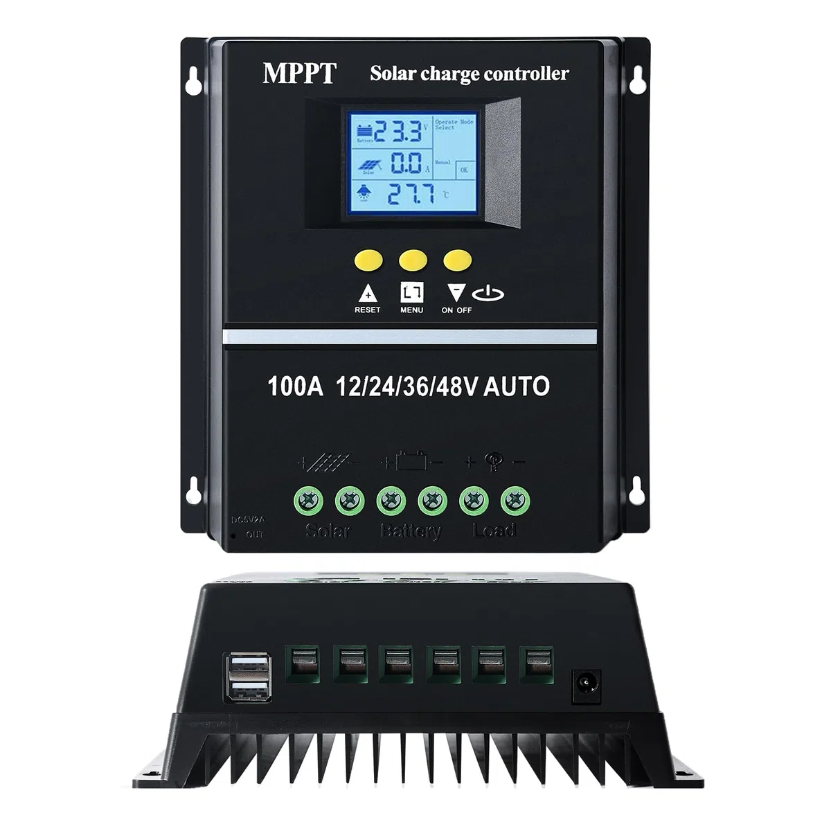 Regulateur de charge solaire mppt 100A 12V 24V 36V 48V Regolatore di carica MPPT Auto ID Display LCD Ingresso massimo 100VDC, piombo/acido/litio Doppia USB Nero.