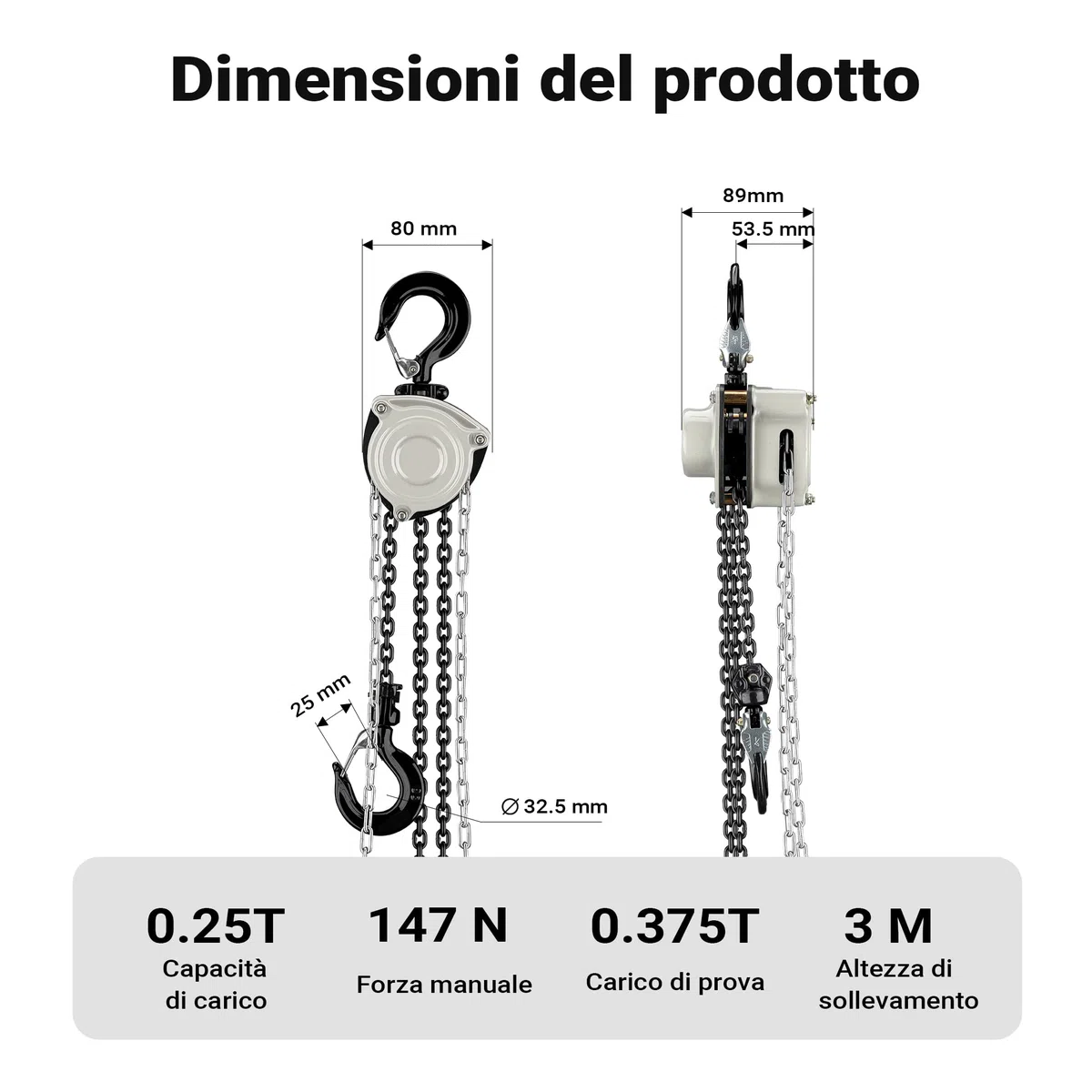 Wiltec Paranco a catena manuale V21-0,25, capacità di carico 250 kg, altezza di sollevamento 3 m, leggero e compatto, per impieghi gravosi