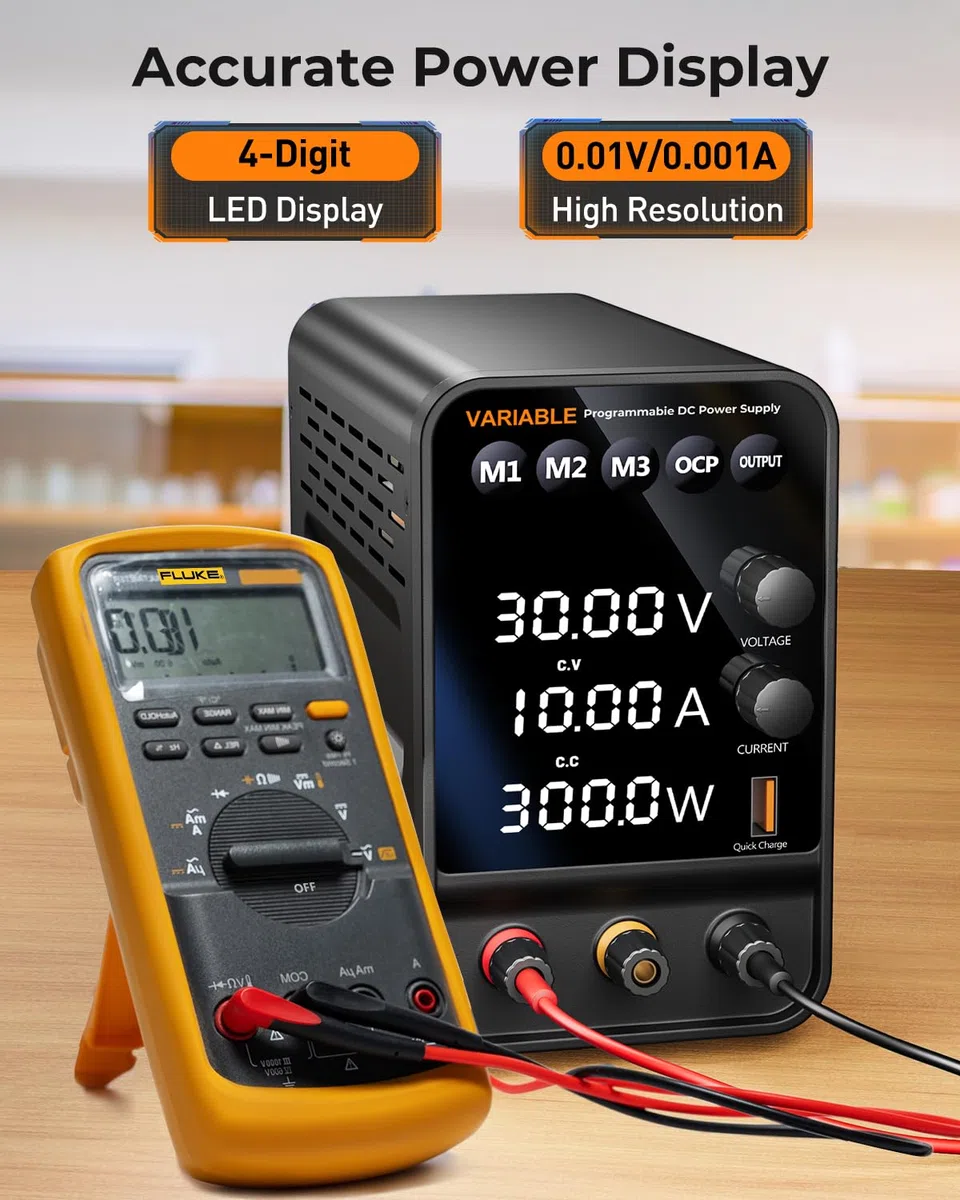 Alimentatore da banco, 30 V 10 A Encoder Alimentatore da Laboratorio Regolabile, Display LED a 4 Cifre, Con Porta di Ricarica 5V/3.6A USB, Pulsante OutputT,Manopola Encoder,Alimentatore Switchin