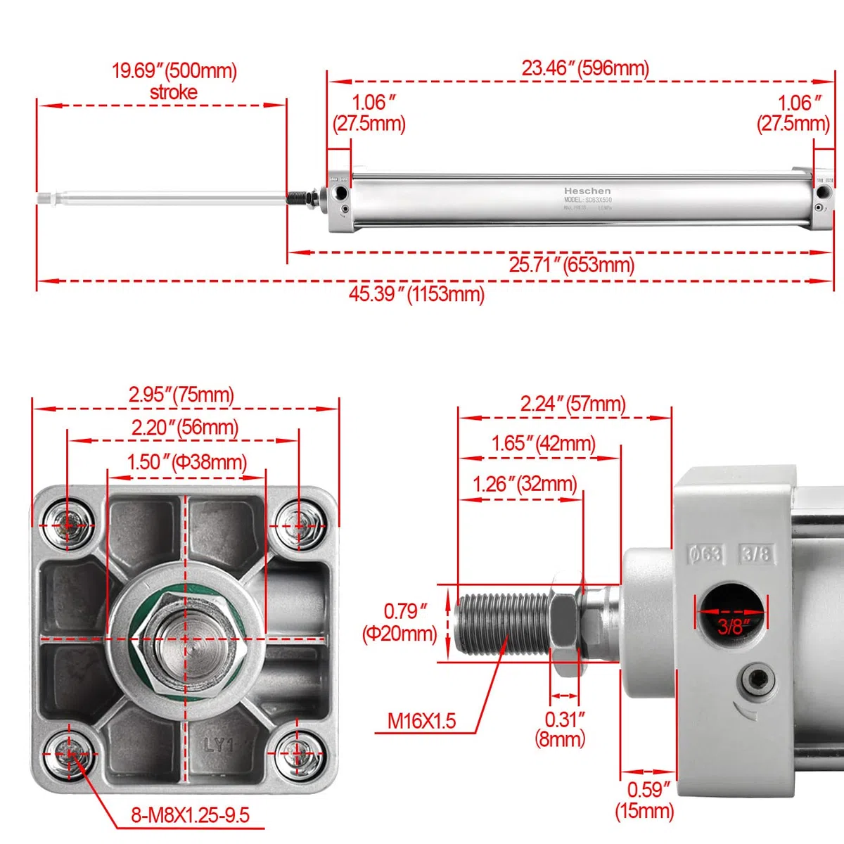 Heschen Cilindro Pneumatico Standard, SC 63-500, PT3/8'' Porta, Alesaggio 63mm, Corsa 500mm, Doppio Effetto