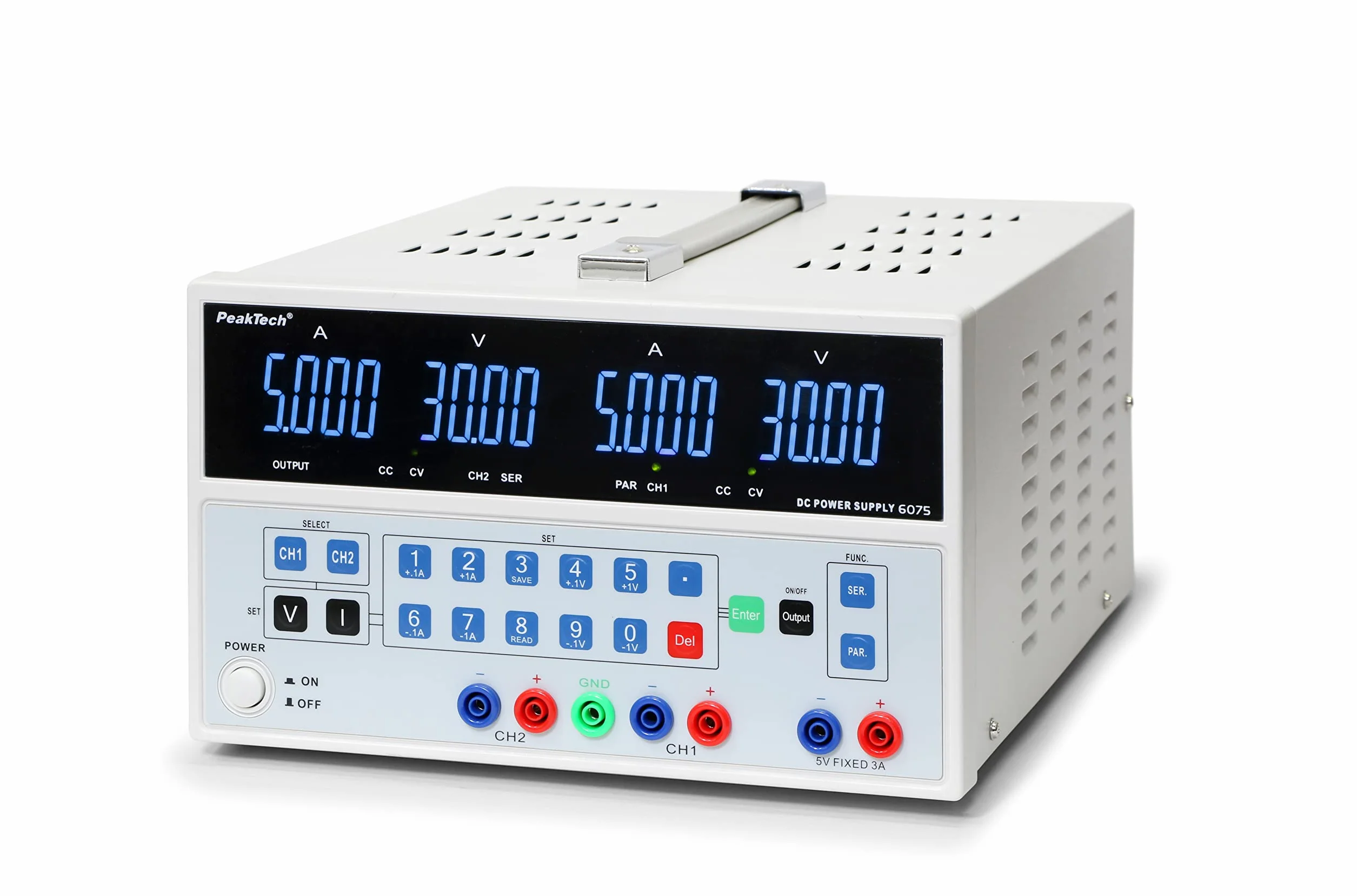 PeakTech - Alimentatore da laboratorio digitale doppio, 0-30 V / 0-5 A DC con USB, stabilizzato, lineare, 1 mA e risoluzione 10 mV, senza ventola, 1 pezzo, P 6075