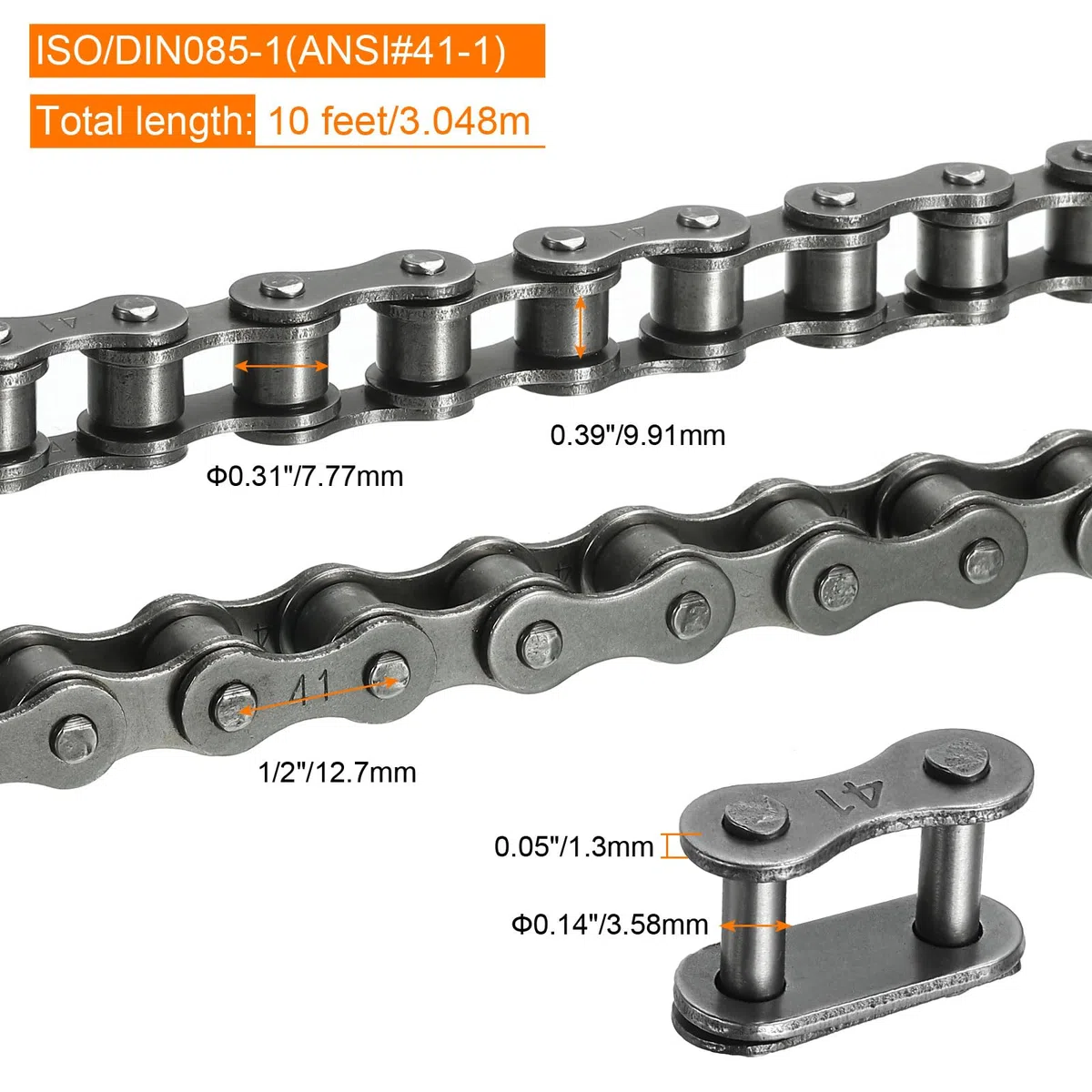 QUARKZMAN 085-1/#41-1 Catena a Rulli 10 Piedi Passo 1/2" Catene a Rulli Acciaio al Carbonio con Collegamenti Master Gratuitiper Biciclette Motociclette, 240 Link