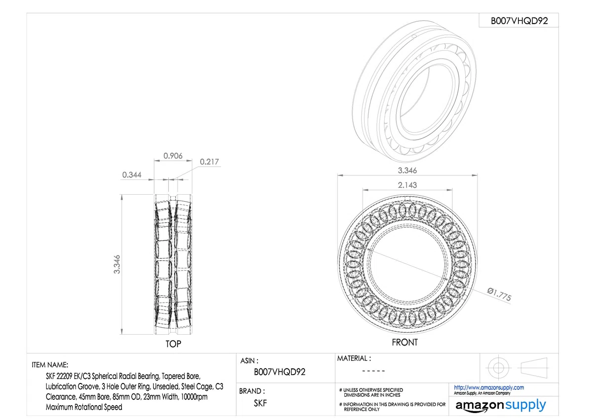 SKF 22209 EK/C3 cuscinetto radiale sferico, foro conico, lubrificazione Groove, 3 fori, anello esterno, gabbia acciaio C3 Clearance aperti, 45 mm di diametro, 85 mm di diametro, 23 mm larghezza, 10000RPM massima velocità di rotazione