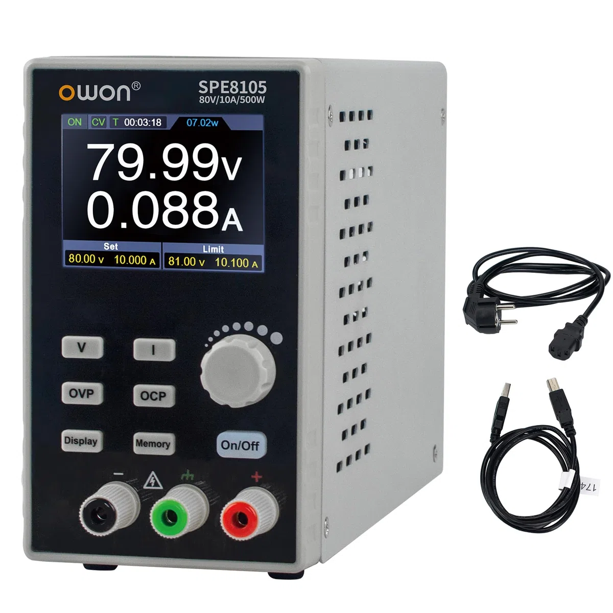 OWON Alimentatore da laboratorio (0-80 V, 0-10 A), alimentatore DC programmabile con potenza di uscita max. 500 W, display LCD da 2,8 pollici e pulsante di attivazione/disattivazione uscita SPE8105