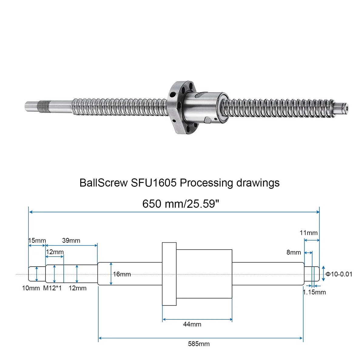 QUARKZMAN Vite a Ricircolo di SFU1605 (Diametro 16mm, Passo 5mm, Lunghezza 650mm) con Dado a Ricircolo di SFU1605 Kit Standard di Vite a Ricircolo Anti-Gioco per Macchine CNC
