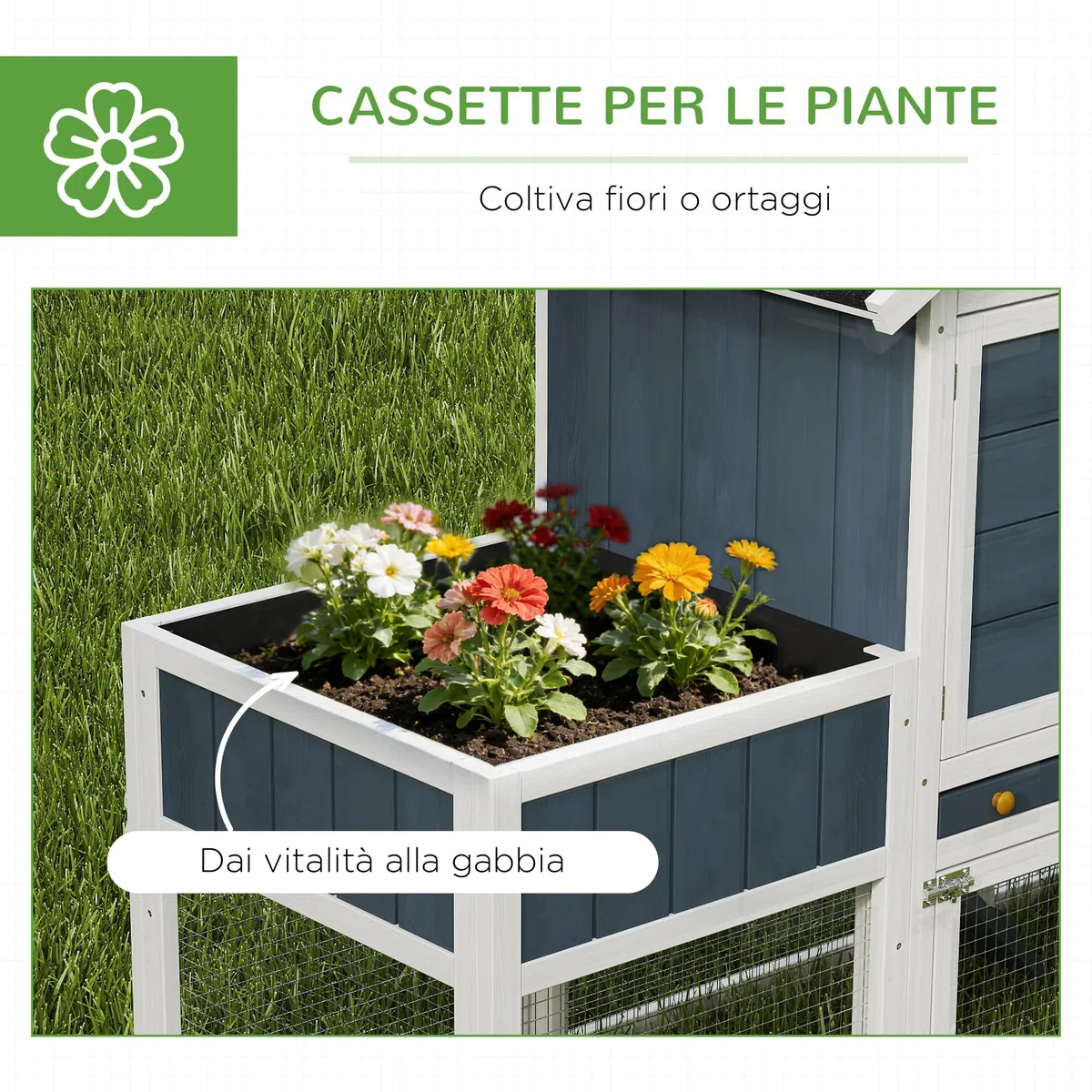 PawHut Pollaio Prefabbricato in Legno con Area Aperta, Pollaio per Galline da Esterno, Casetta per Galline e Nido per la Cova, Aiuola e Tetto in Asfalto, Grigio