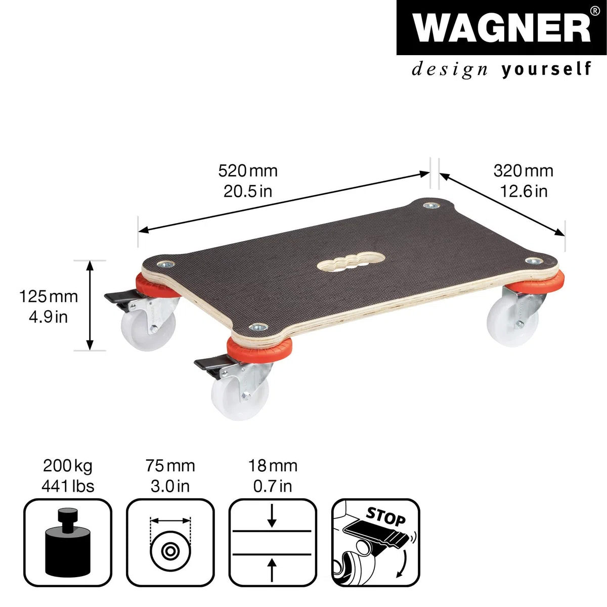 WAGNER Carrello da trasporto MM 1360 I 52 x 32 cm - ideale per trasporto de contenuto sensibile I portata 200 kg I antiscivolo, adatto alle pareti e mobili, 2 freni - 20136001