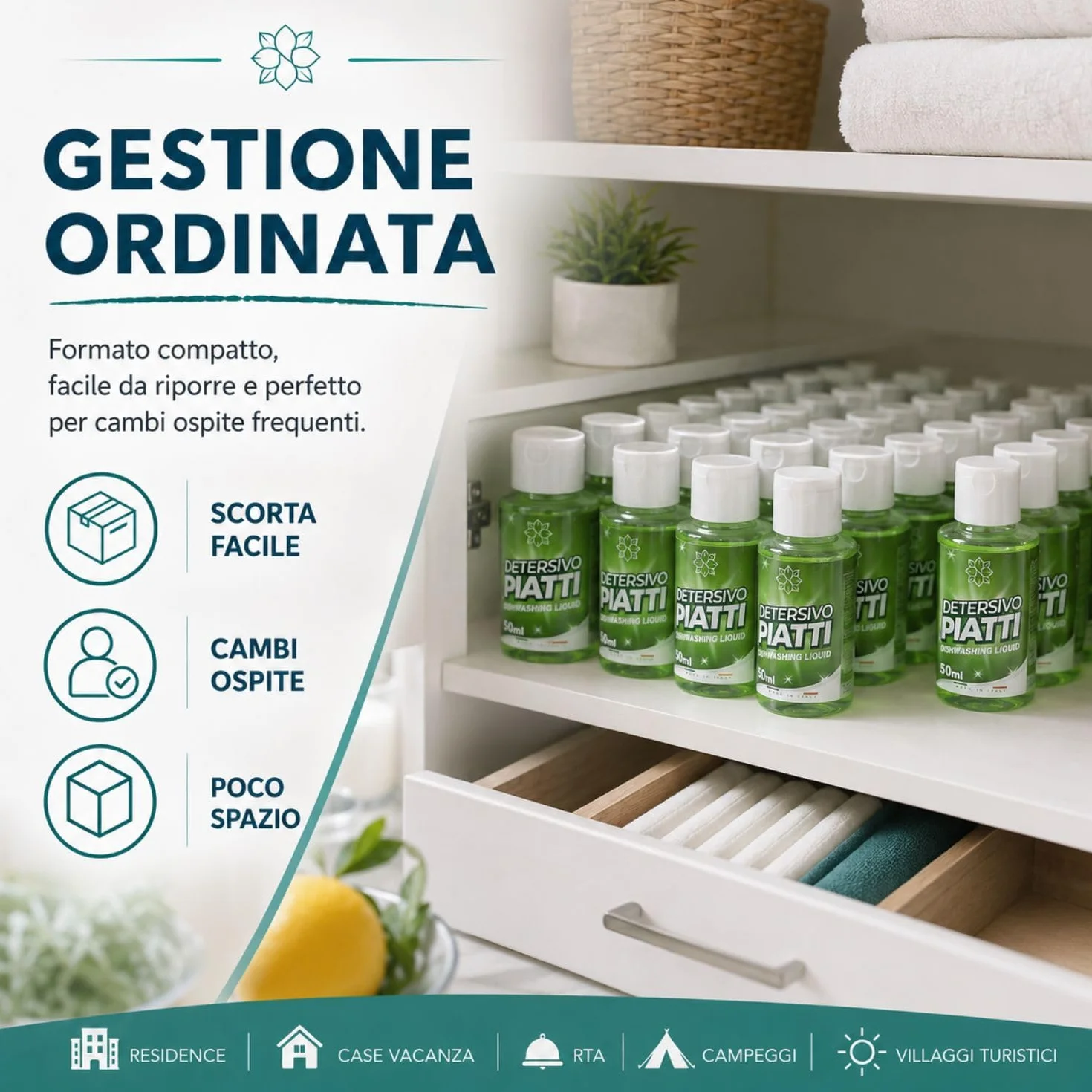 Detersivo piatti a mano per residence e case vacanza 50 flaconi da 50 ml, mini detersivo piatti al profumo di limone con tappo flip-top - Made in Italy