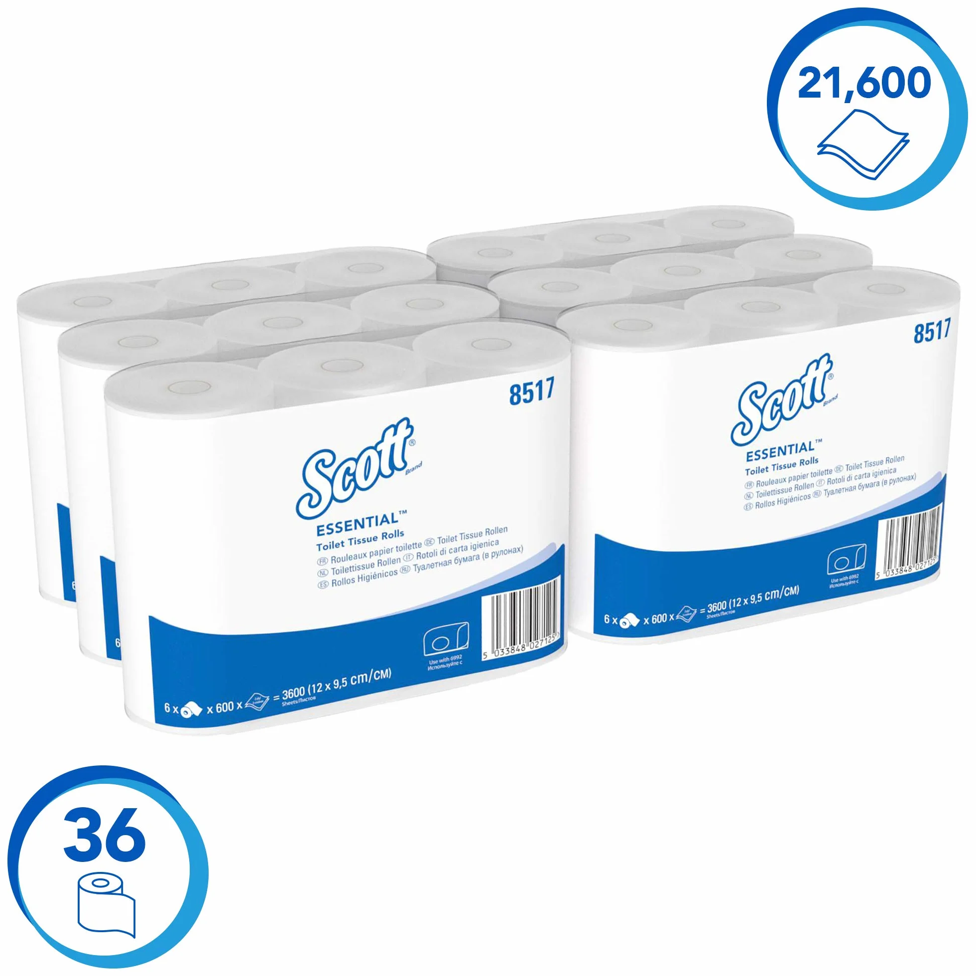 Scott Essential 8517 Carta Igienica a 2 Veli 36 Rotoli Piccoli da 600 Fogli Bianco
