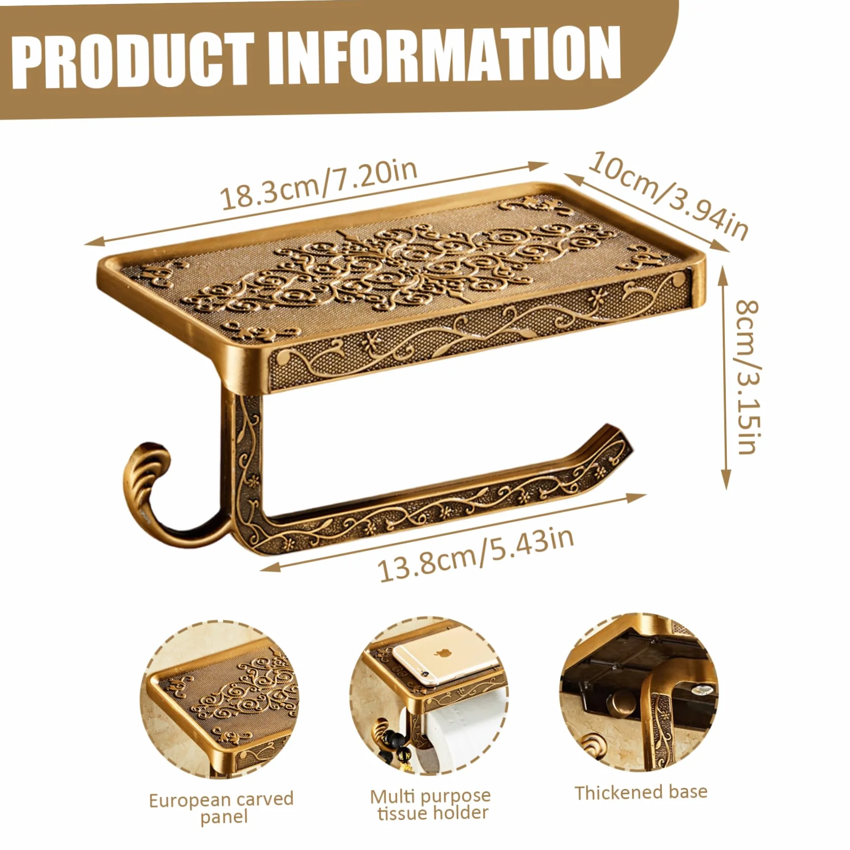 Vintage Bronze Portarotolo di Carta Igienica con Ripiano e Gancio, Antiruggine Organizer Multifunzionale per Bagno