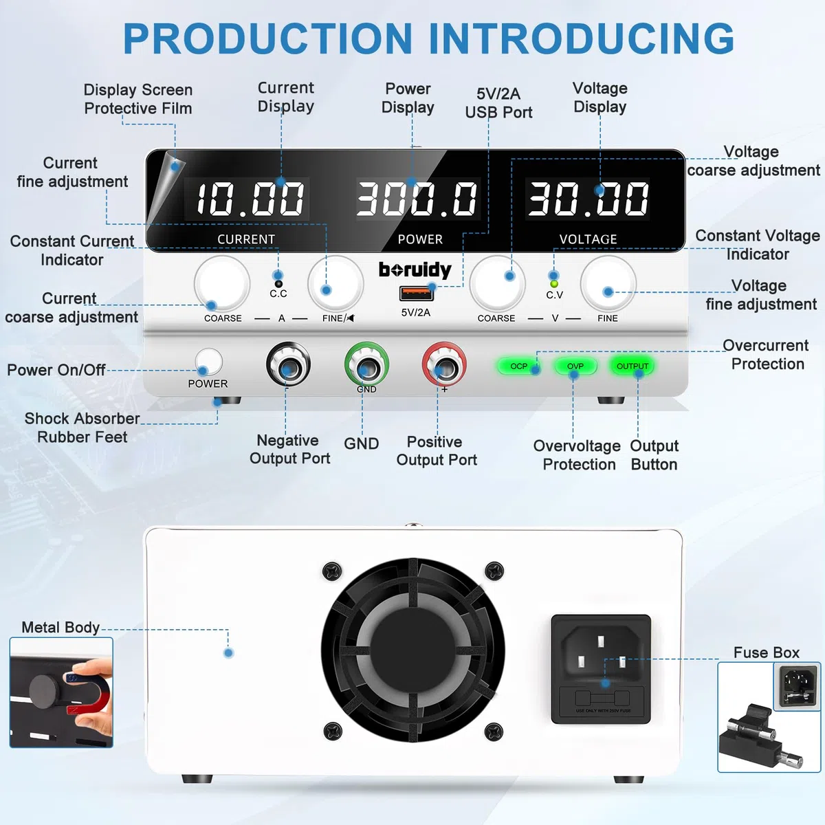 Alimentatore da Labotorio Alimentatore Stabilizzato Banco 30V 10A, Alimentatore DC Regolabile da Display LED a 4 Cifre, con Porta di Ricarica 5V2A USB, Pulsante OUTPUT, Manopola Encoder