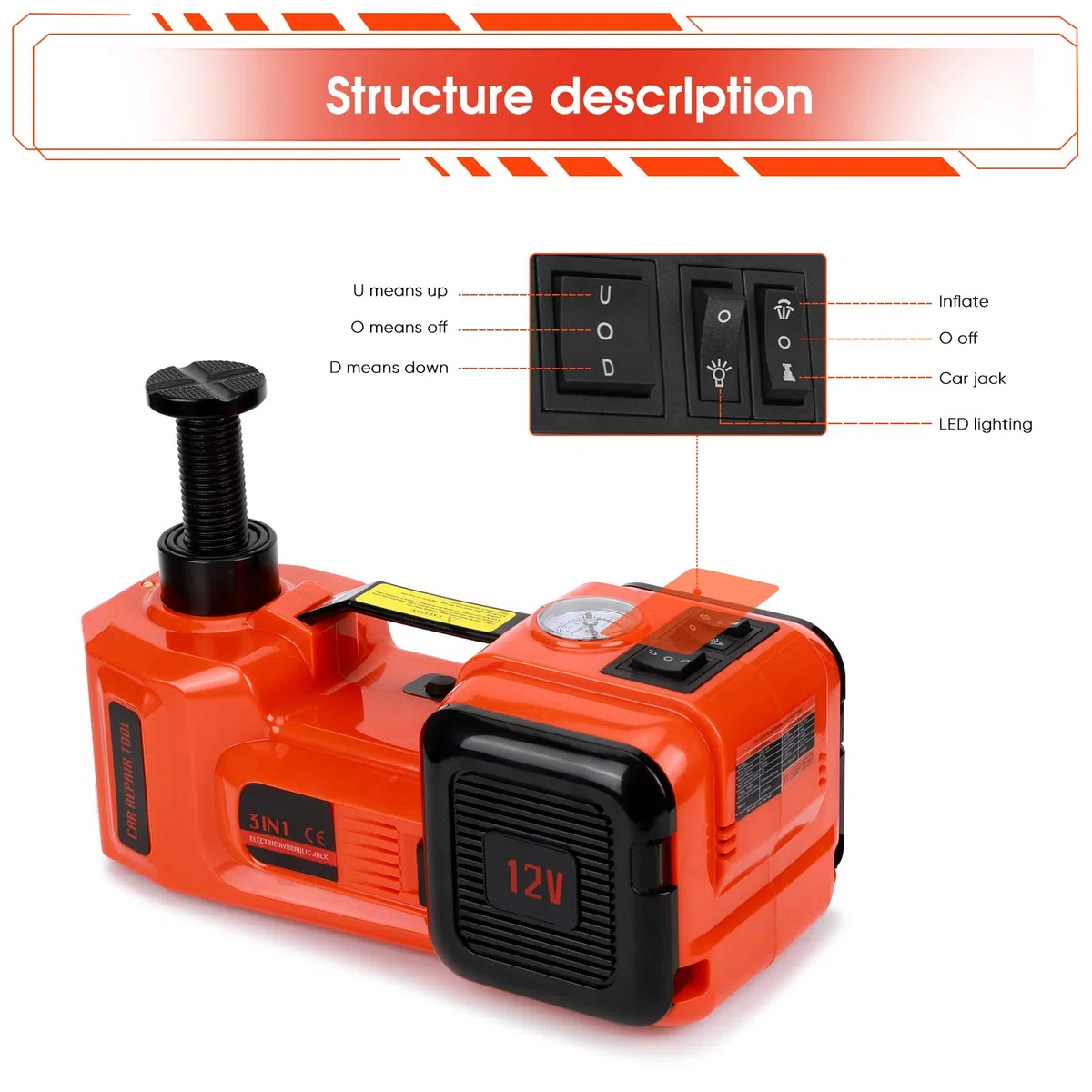 GOTOTOP Cric elettrico per auto e SUV 5Ton 12V DC Automotive Car Electric Floor Jack Lift Garage e attrezzature di emergenza con scatola di trasporto (5T jack + bulloni)