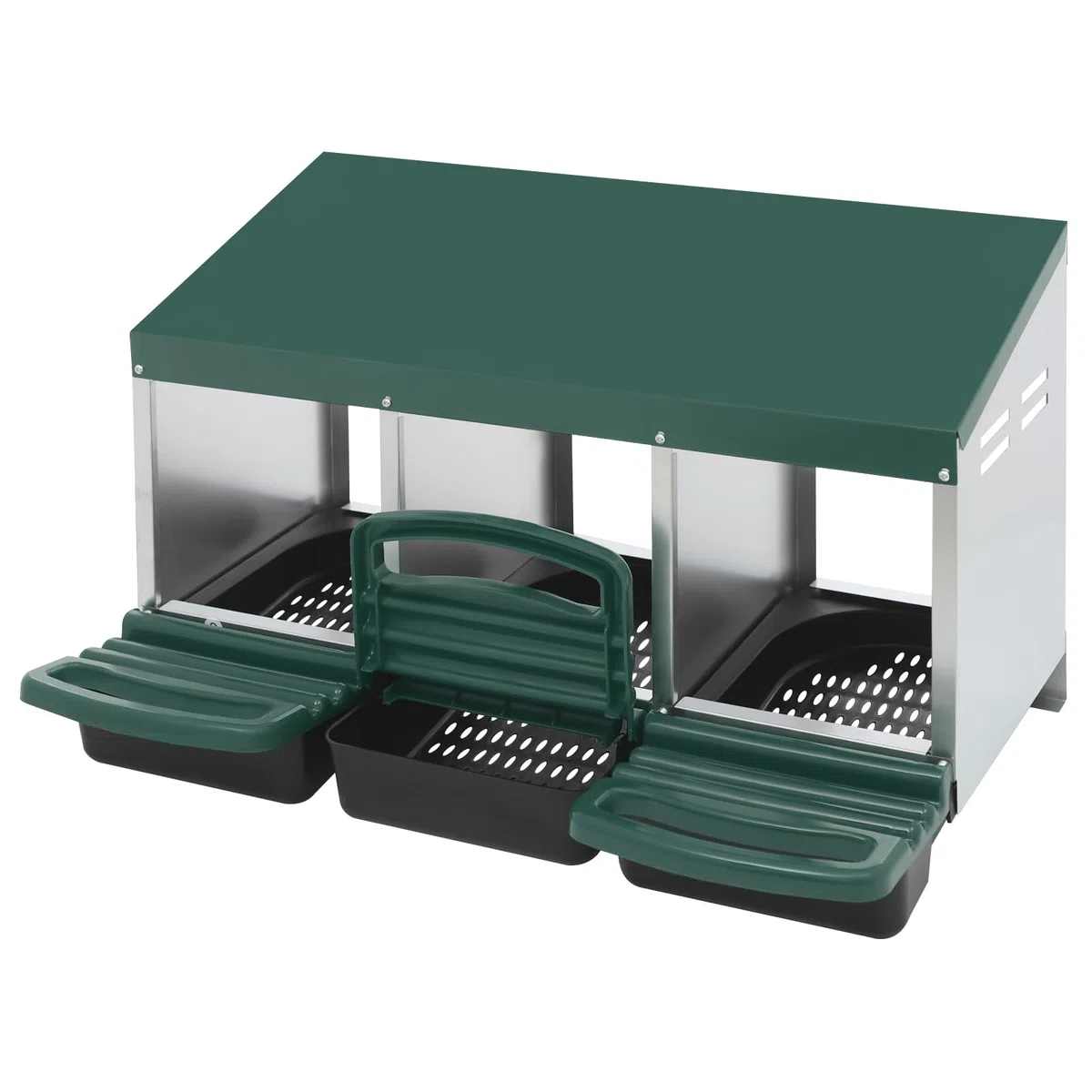 Nido per polli, 3 scomparti, con nido rotolabile per uova, zincato, con protezione per raccogliere le uova, montaggio a parete, 3 posti per stalla, con ventilazione (81 x 52 x 48 cm) (verde)