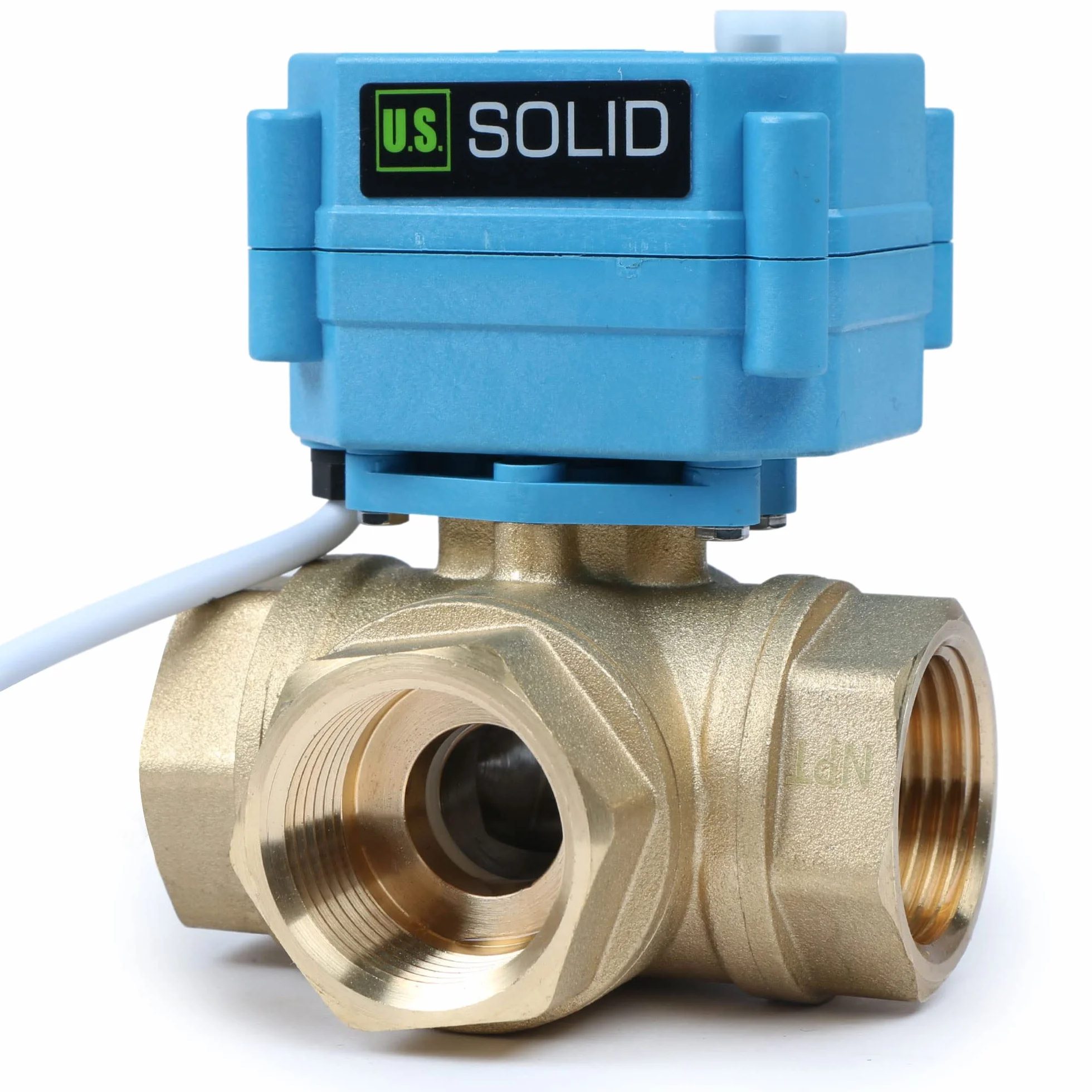U.S. Solid Valvola a sfera motorizzata a 3 vie in ottone – Tipo L, funzione manuale, portata standard (1", AC 110–230 V)