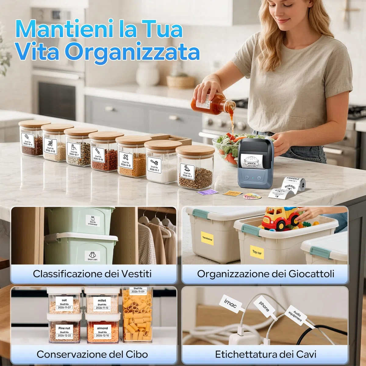 Memoking Etichettatrice Bluetooth: Stampante Etichette Adesive Con 2000 Simboli E 300 Modelli. Compatta Stampante Termica Etichette Per Negozio, Scuola, Casa Cucina; Compatibile Con iOS Android e PC