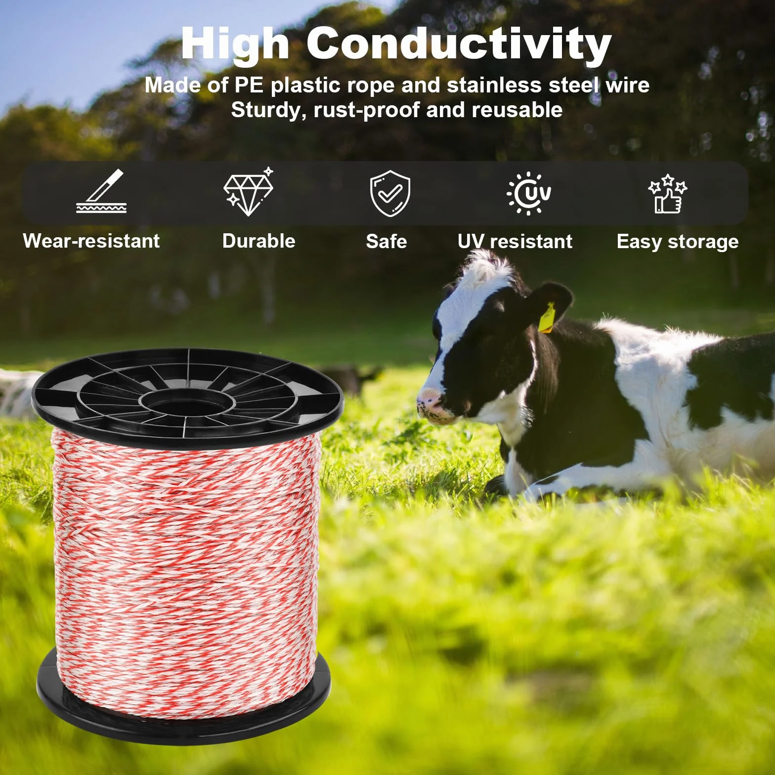 1000M Corda per Recinzione Elettrica, Recinzione di Filo Per Bestiame In Acciaio Inox Corda Conduttore Per Recinzione Elettrica Accessori per Recinzione (Rosso+Bianco, 1000M)