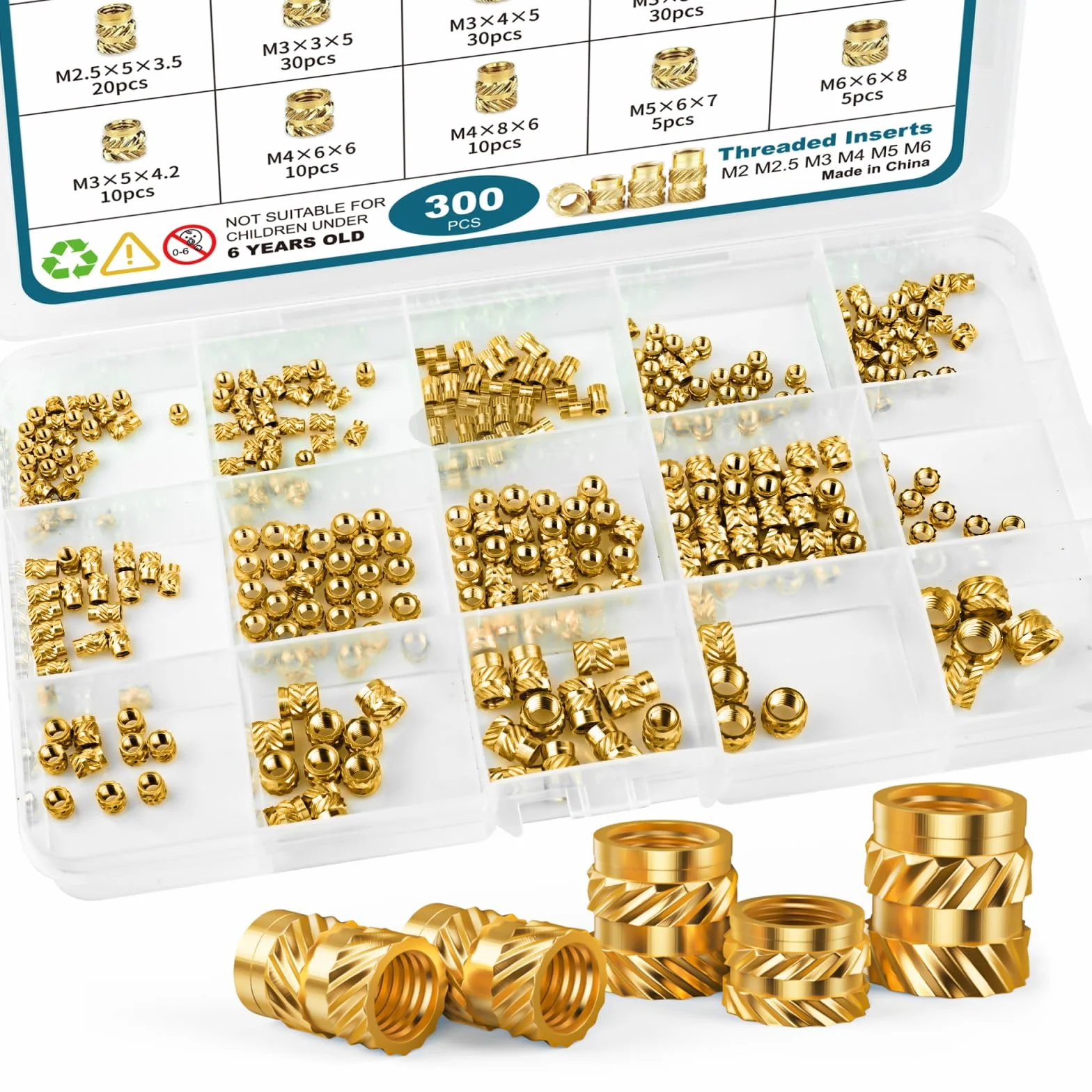 300 Pezzi Inserti Filettati M2 M2.5 M3 M4 M5 M6 Dadi Zigrinati per Plastica Stampa 3D