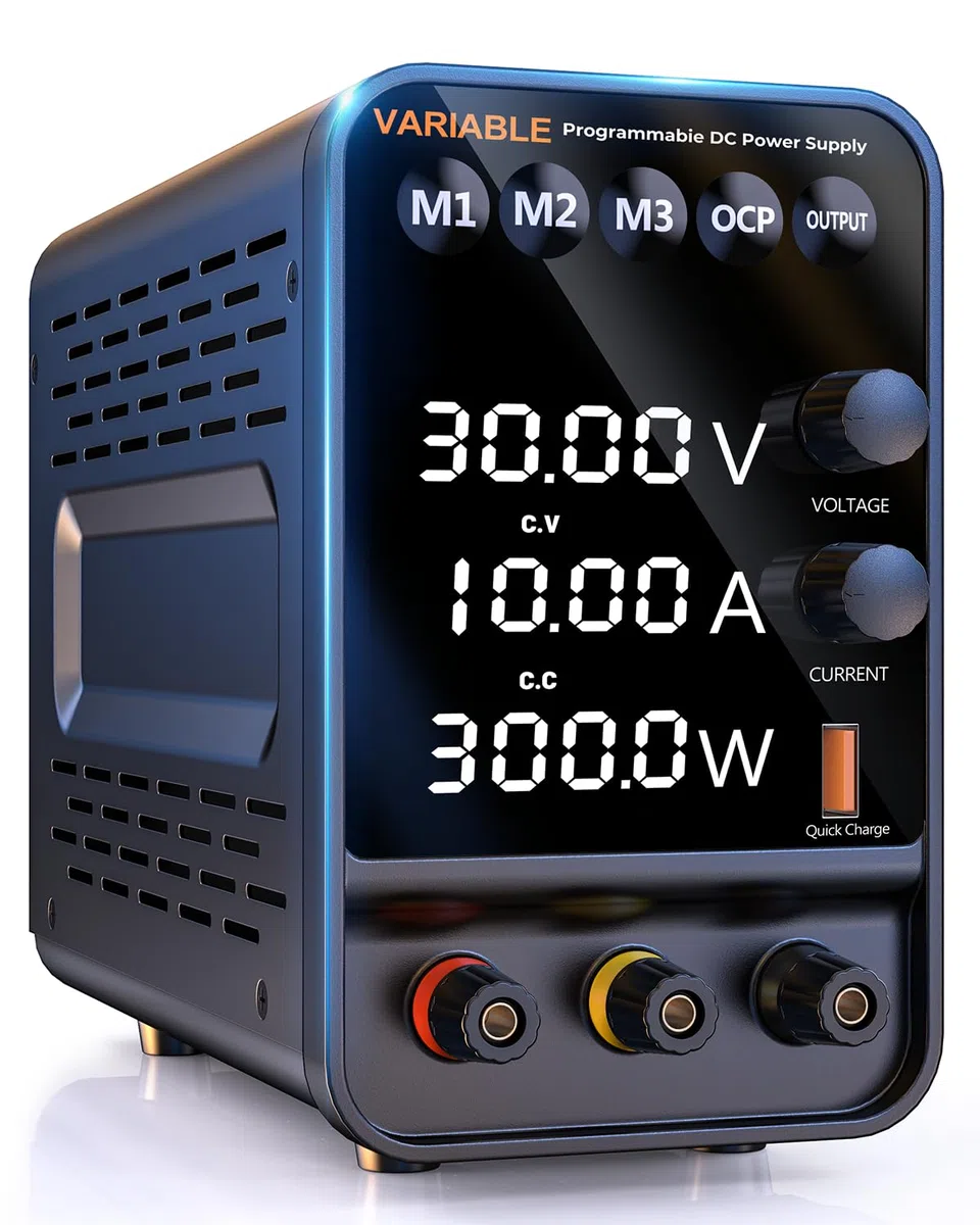 Alimentatore da banco, 30 V 10 A Encoder Alimentatore da Laboratorio Regolabile, Display LED a 4 Cifre, Con Porta di Ricarica 5V/3.6A USB, Pulsante OutputT,Manopola Encoder,Alimentatore Switchin