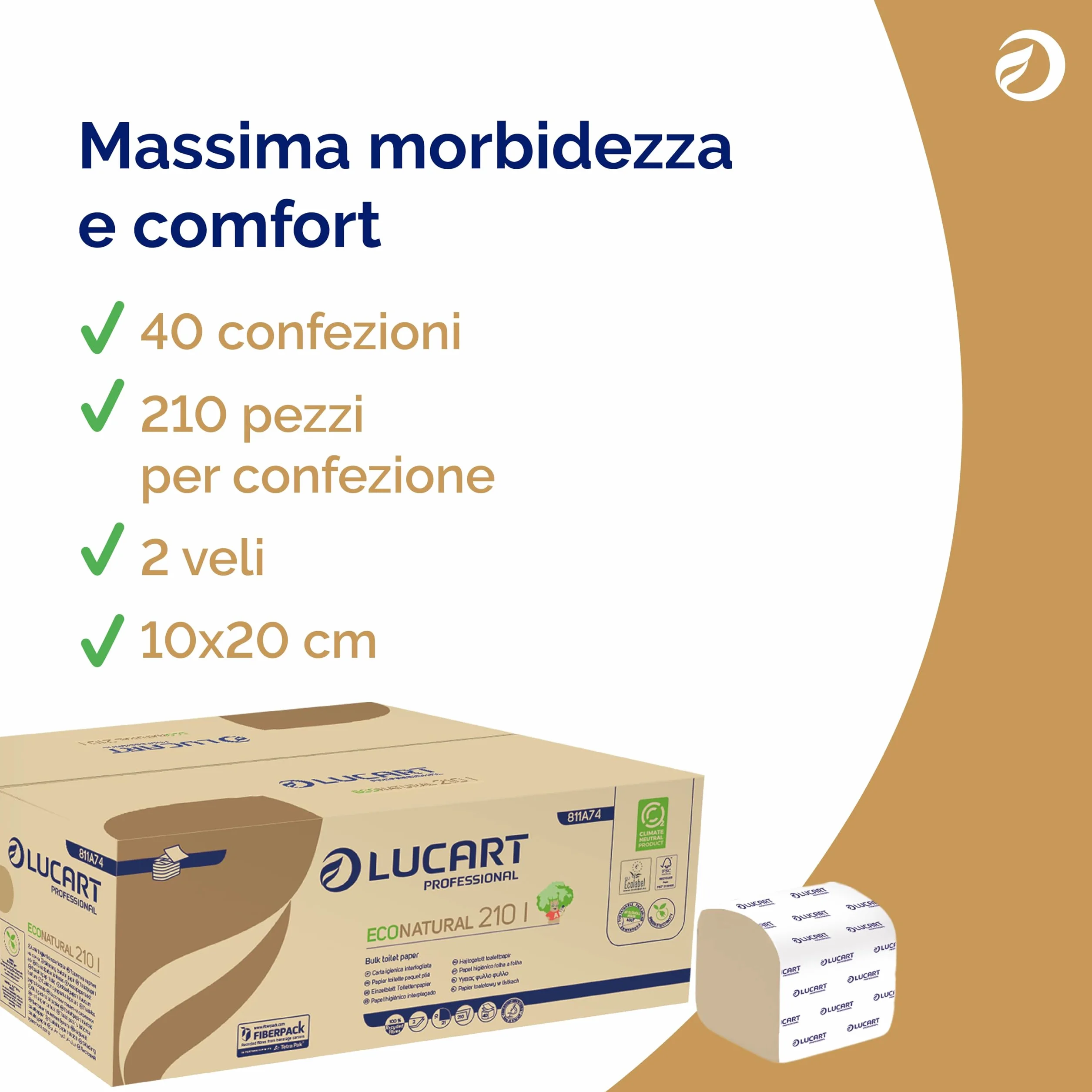 Lucart Professional EcoNatural 210I Carta Igienica Interfogliata Fiberpack 210 pezzi 10x21 cm 40 confezioni