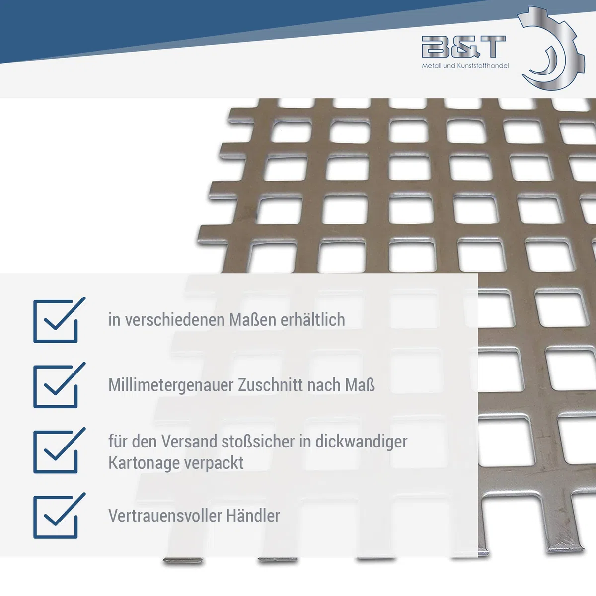 B&T Metall - Lamiera perforata in acciaio inox con fori quadrati 10 x 10 mm, spessore 1,5 mm, dritta, QG 10-15