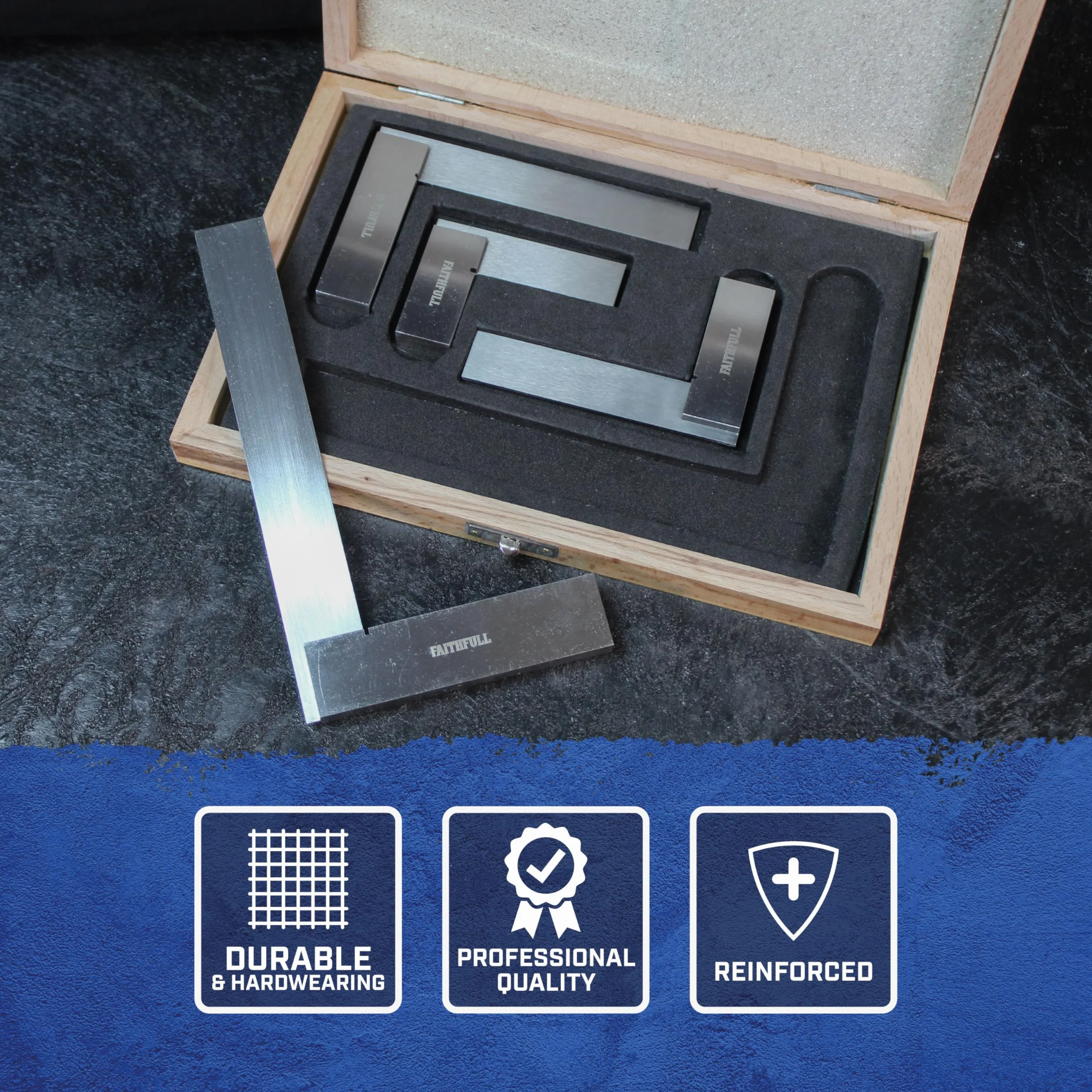 Set di squadre da officina Faithfull Engineers Steel, 4 pezzi - 50, 75, 100, 150 mm (2 pollici, 3 pollici, 4 pollici, 6 pollici), lama in acciaio temprato e rettificata di precisione, strumenti di marcatura, misurazione e tracciamento accurati in custodia