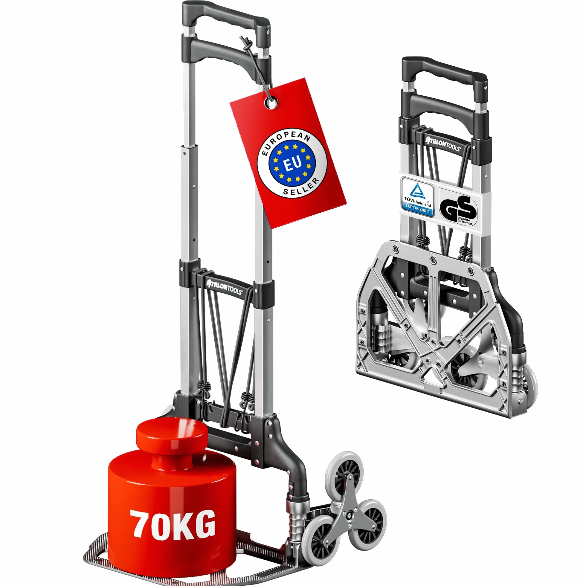 ATHLON TOOLS Carrello pieghevole in alluminio CLASSIC TÜV GS-certificato - superficie di carico con cuscinetti antiscivolo - Ruote con battistrada soft - incl. 2 corde elastiche - modello 2024