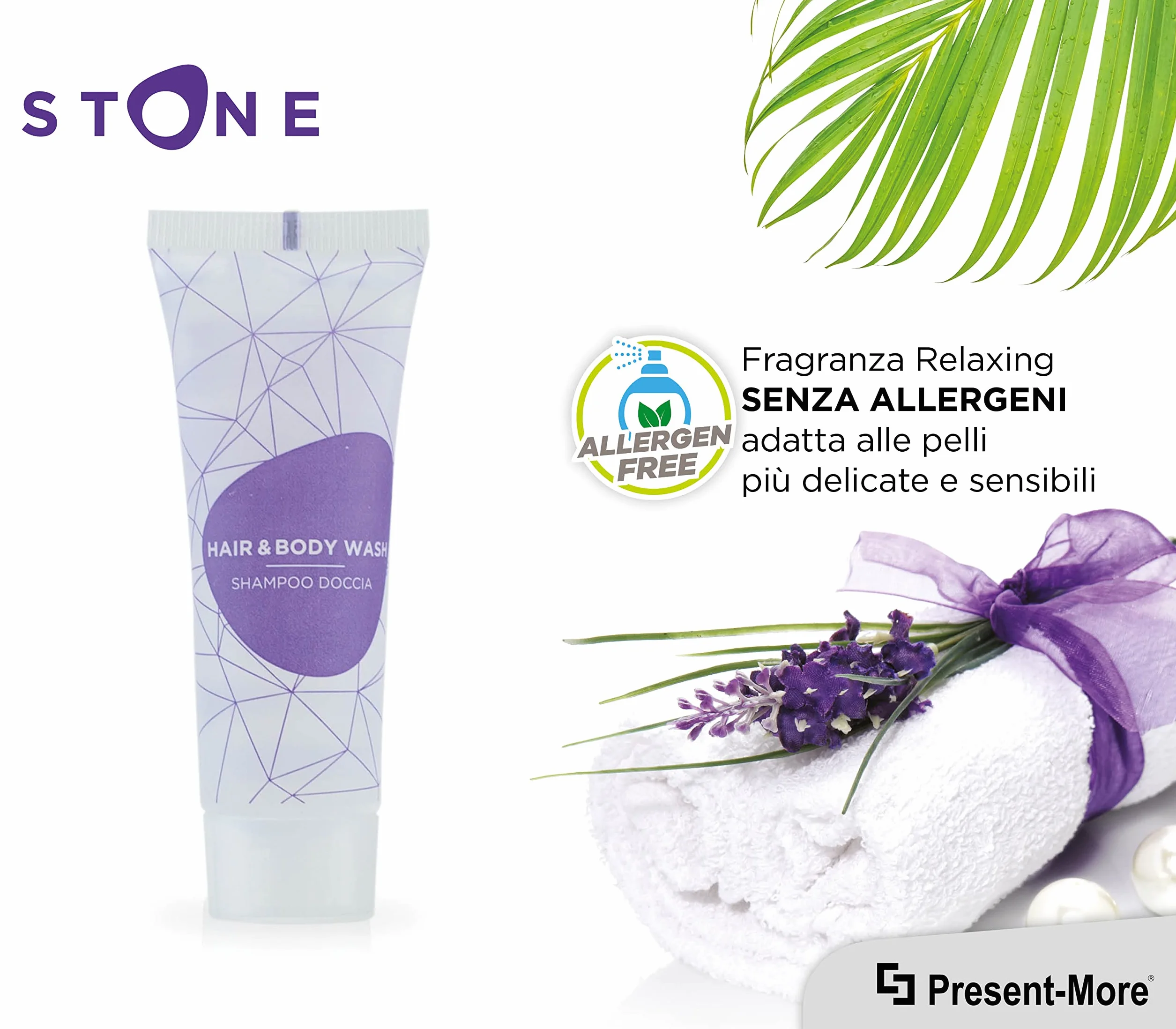 PRESENT-MORE - Doccia Shampoo 30ml Stone - Confezione da 125 Pezzi - Shampoo Doccia Monodose Senza Allergeni - Fragranza Relaxing - Ideale per Hotel e B&B