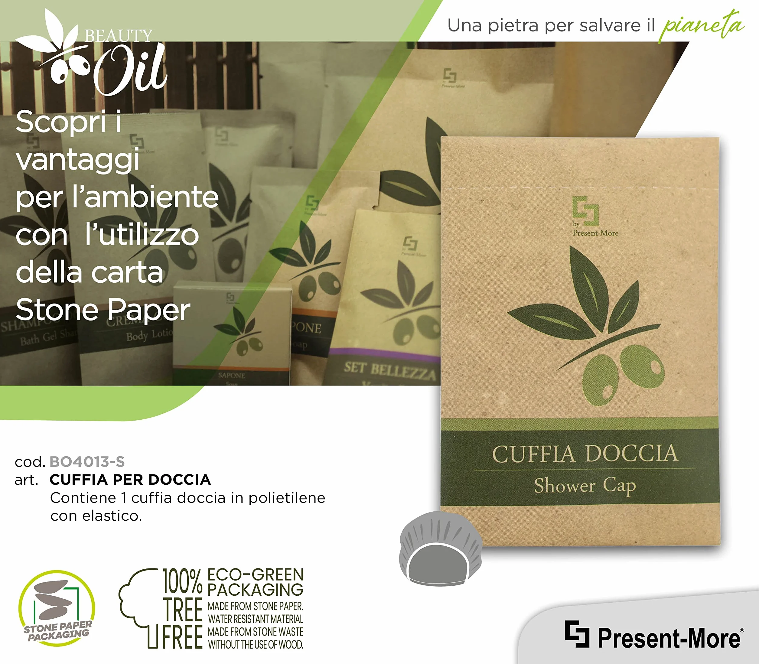 PRESENT-MORE - Cuffia Doccia Monouso 100 Pezzi - Linea Beauty Oil - Cuffia Doccia in Polietilene con Elastico - Packaging Ecologico in Stone Paper - Ideale per Hotel e B&B